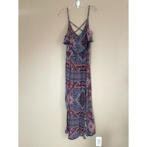 Womens Medium Boho Paisley Scarf Print Maxi Dress Front Slits Hippie Inspired